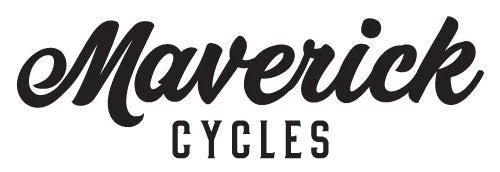 Maverick Cycles logo featuring a bold, cursive font for the word 'Maverick' above a clean, all-caps sans-serif font spelling 'Cycles.' The design is in black and white.