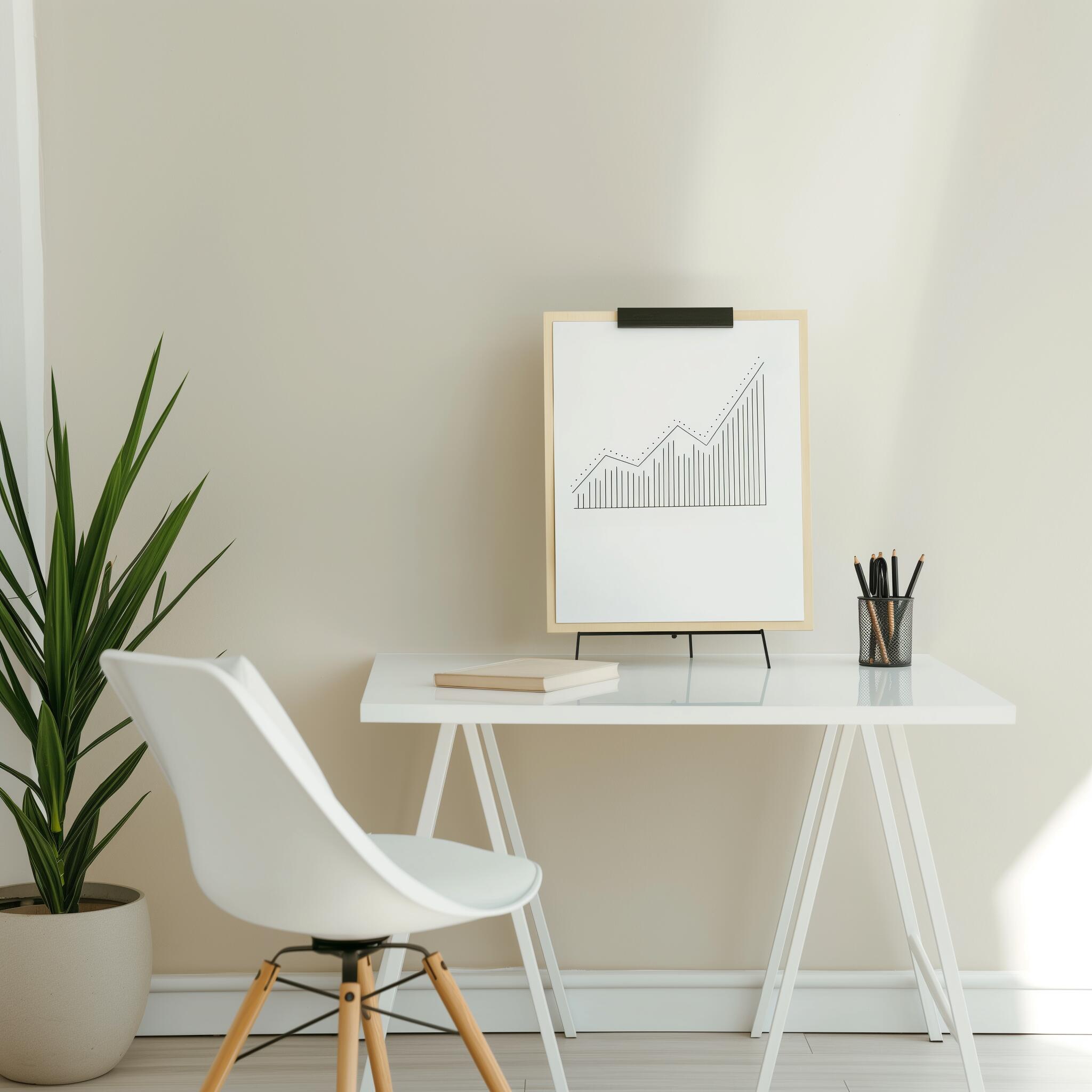 Professional consulting agency workspace with a sleek white desk, growth chart showcasing upward trends, and minimalistic design, emphasizing strategic marketing and social media insights for business growth.